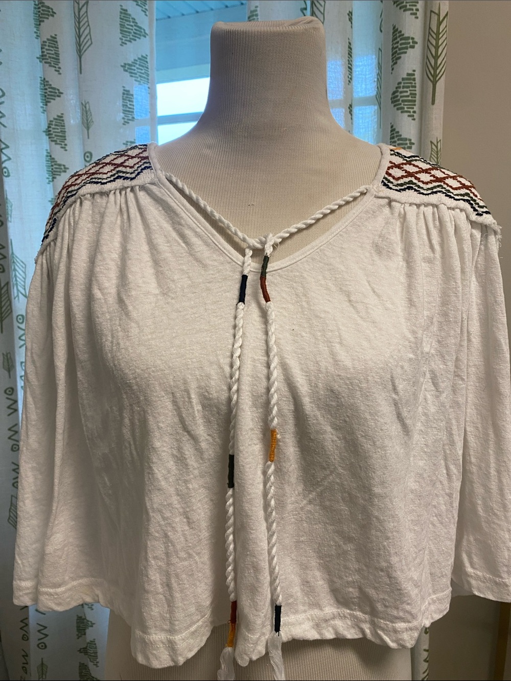 Free People White Cropped Peasant Top with Embroidered Shoulders